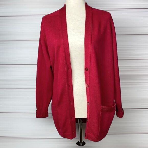 Kasha de Rodier France Wool Blend Red Long Cardigan V-neck Pockets Oversized S - Picture 2 of 12